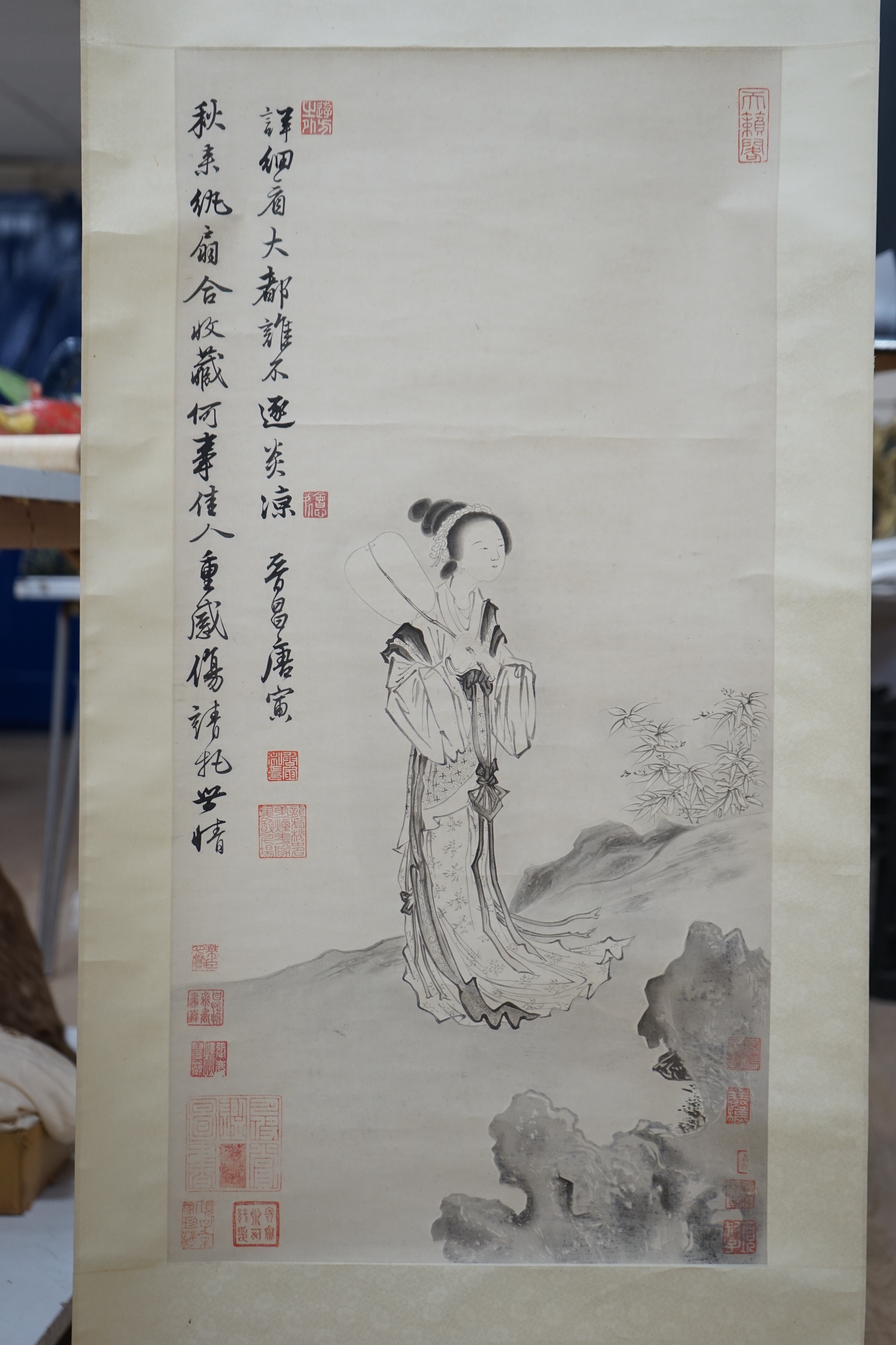 Two Chinese painted scrolls, one on silk, a female wearing a kimono and a landscape